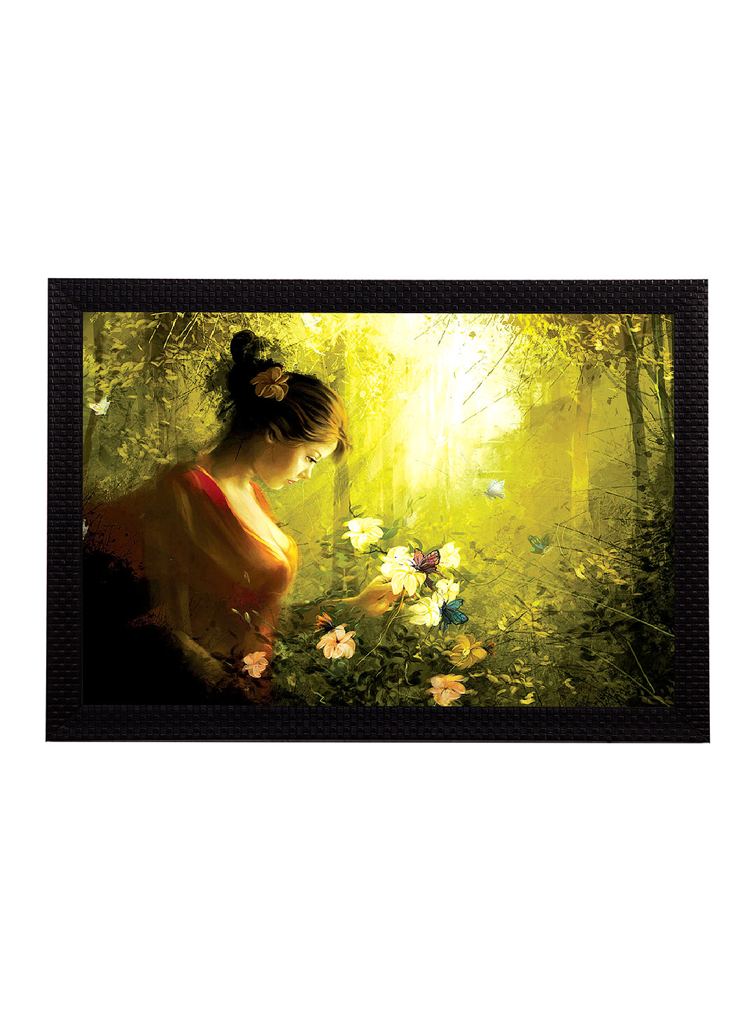 eCraftIndia Girl With Flowers Synthetic Wood Rectangle Paintings Wall Art - 14 x 10In