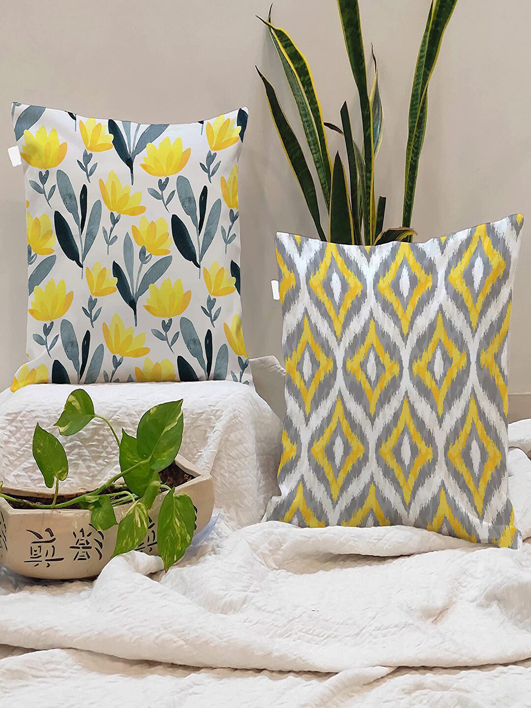 STITCHNEST Yellow Floral Cotton Breathable 2 Piece Textured Square Cushion Covers -24x24In