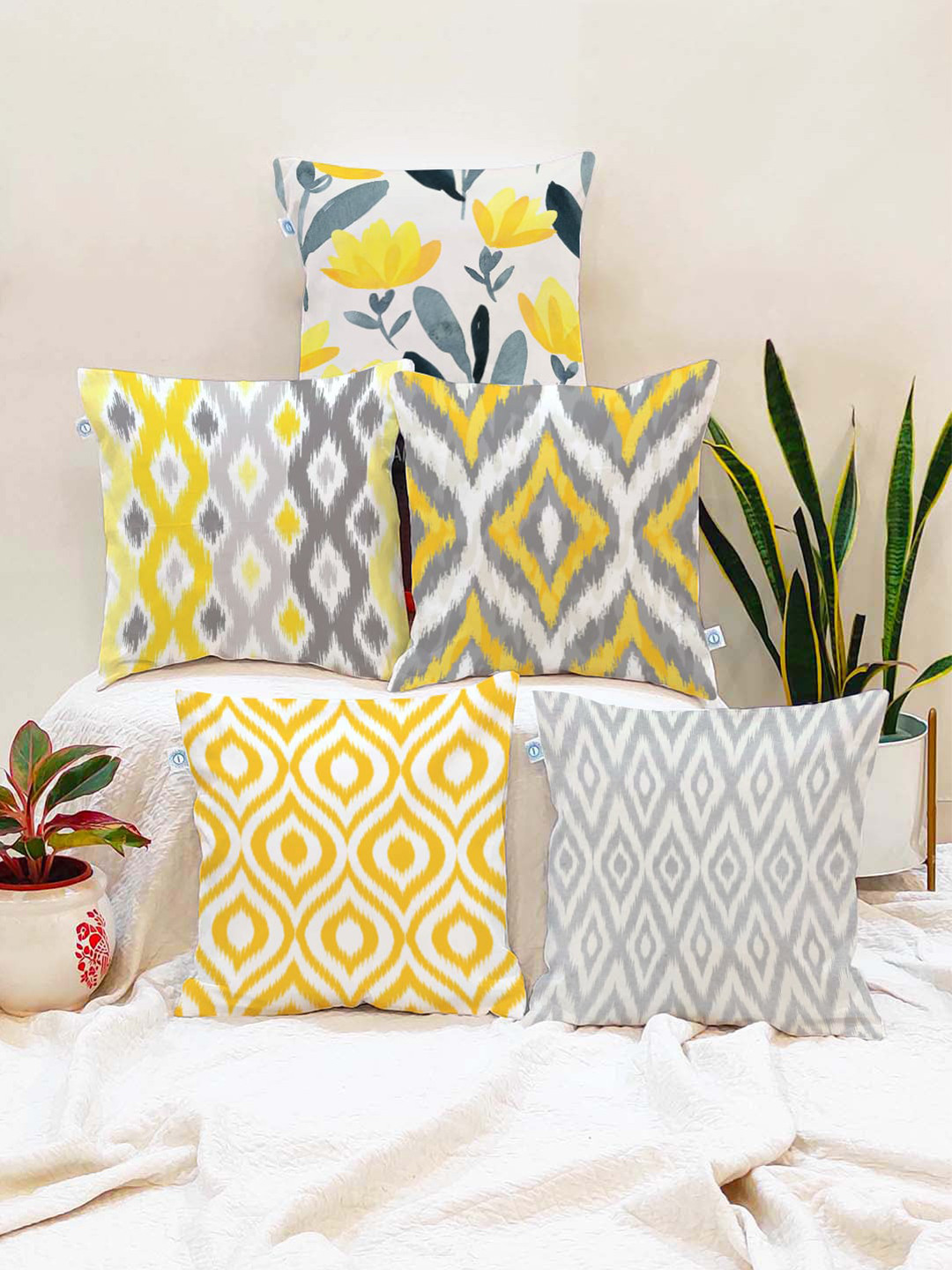 STITCHNEST Set of 5 Yellow & Grey Geometric 12'' x 12'' Cushion Cover