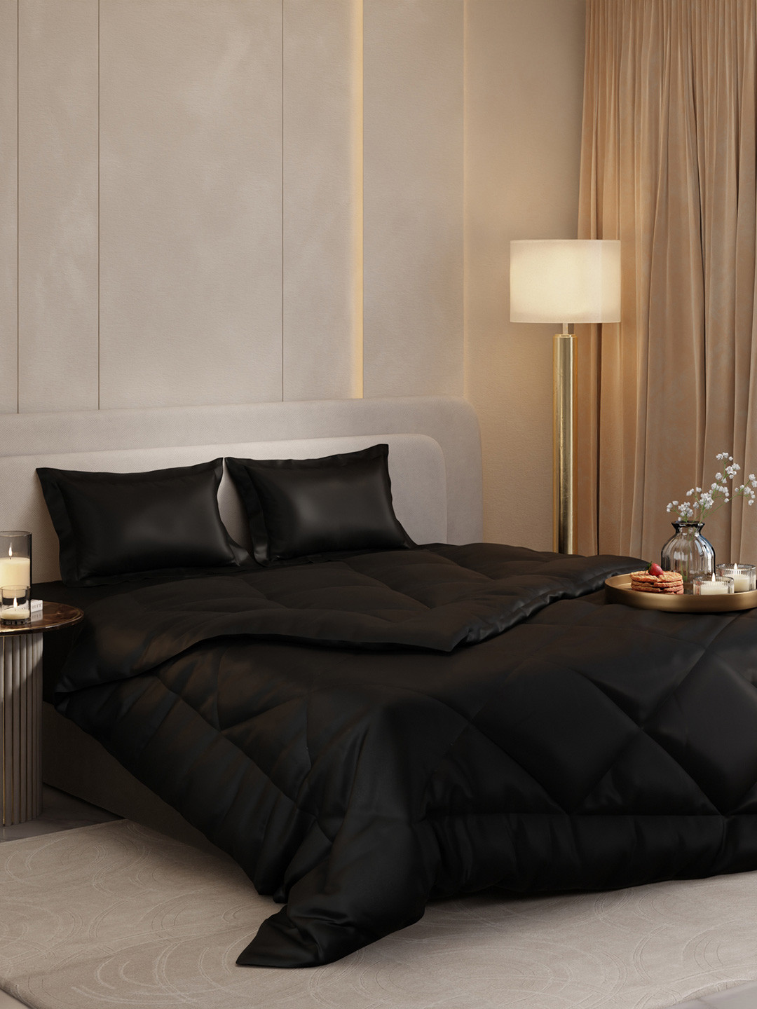 Stoa Paris Date Night Collection Black Solid AC Room 150 GSM Double Bed Satin Comforter