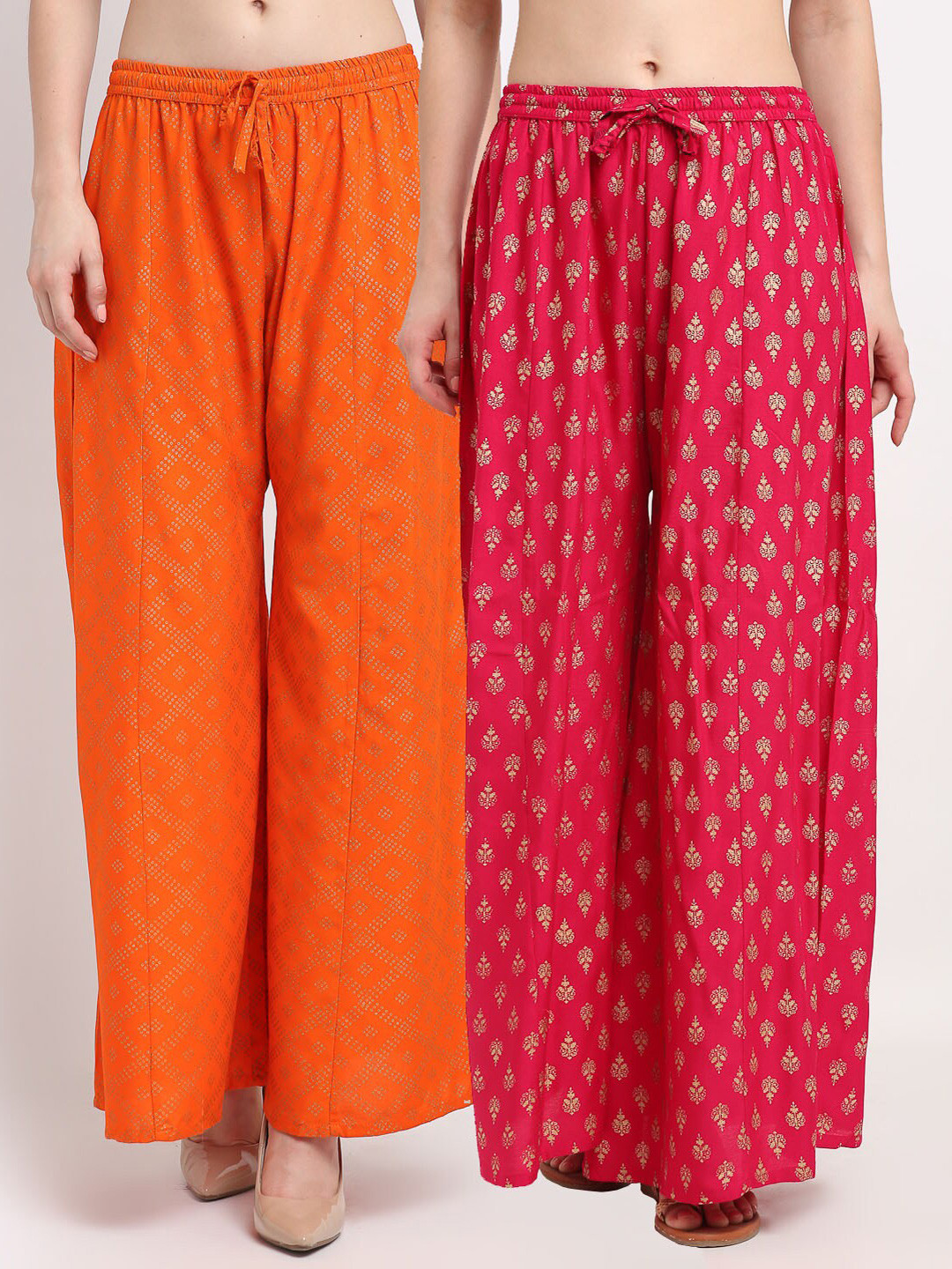 GRACIT Women Orange & Pink 2 Ethnic Motifs Printed Flared Knitted Ethnic Palazzos