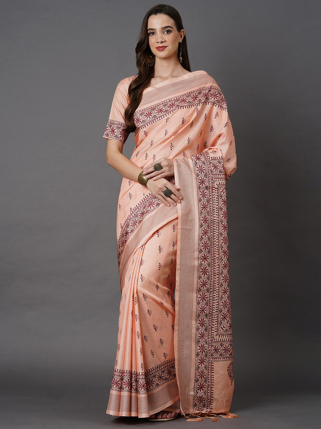 Mitera Peach-Coloured & Maroon Floral Art Silk Saree