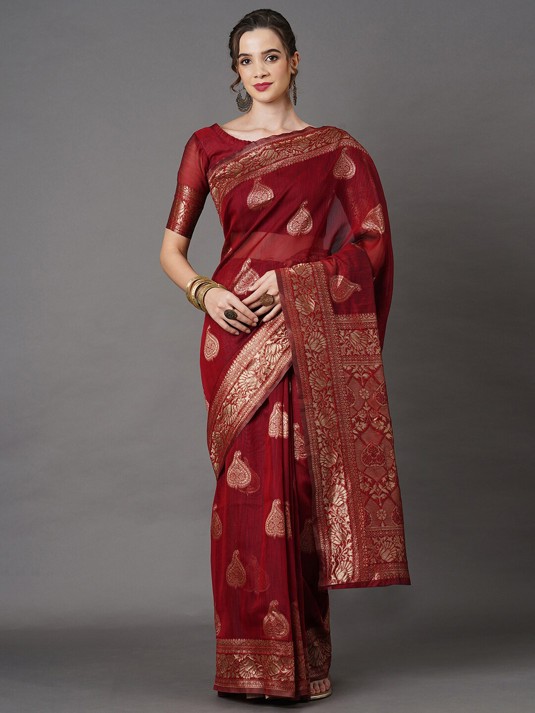 Mitera Rust Ethnic Motifs Linen Blend Banarasi Saree