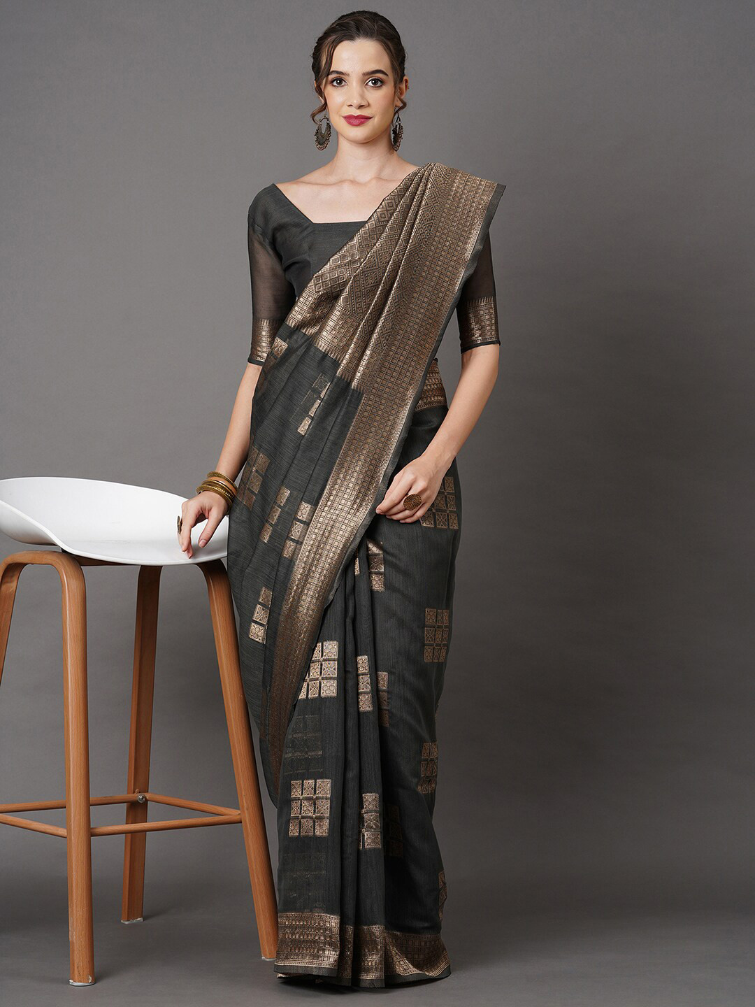 Mitera Grey & Rose Gold Floral Linen Blend Banarasi Saree