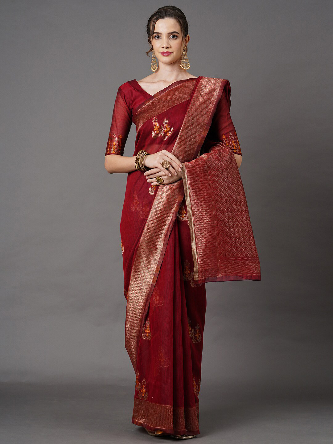 Mitera Rust Floral Linen Blend Banarasi Saree