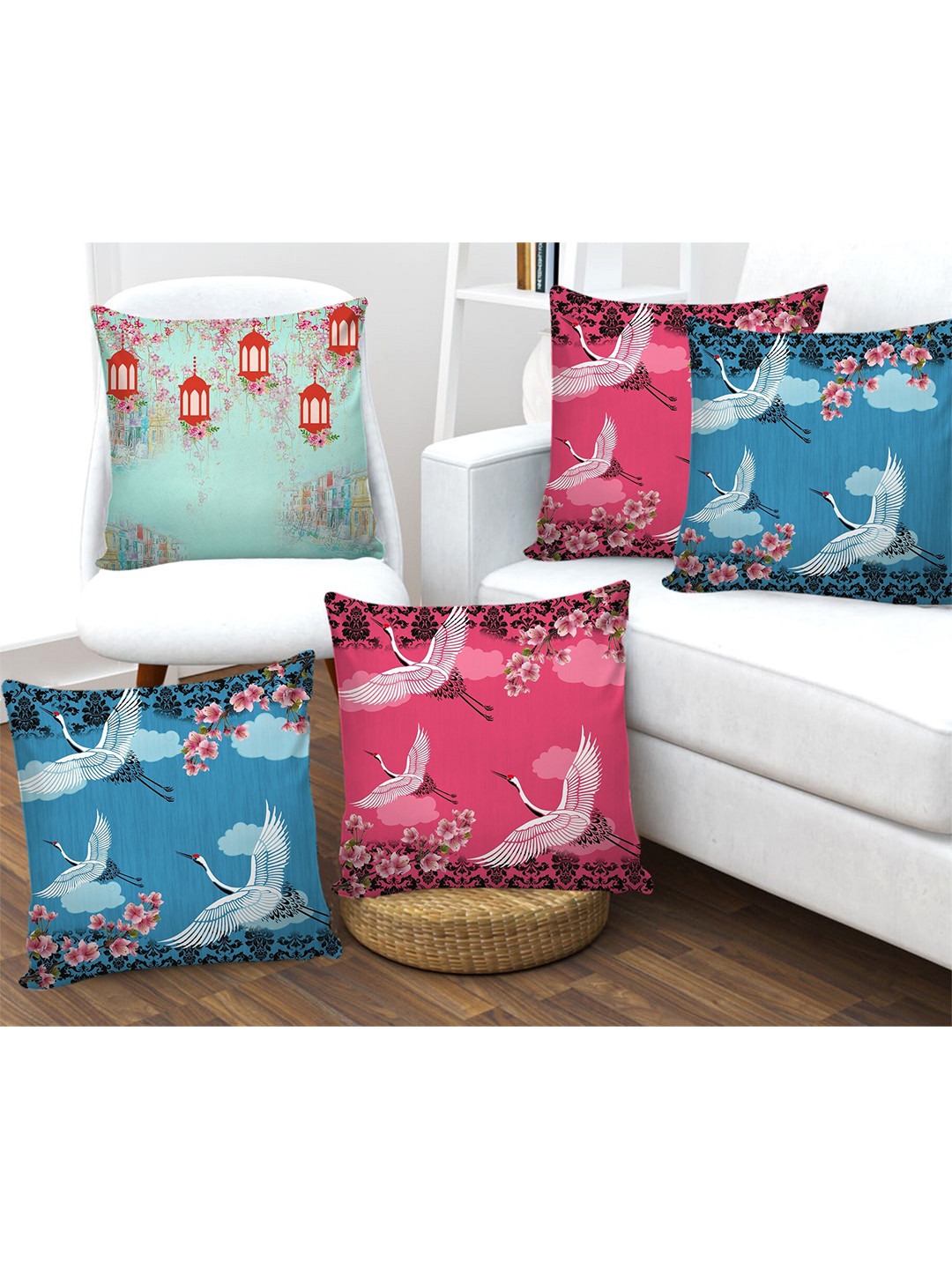 AEROHAVEN Blue Ethnic Motifs Satin HD Digital 5 Piece Square Cushion Covers -12x12In