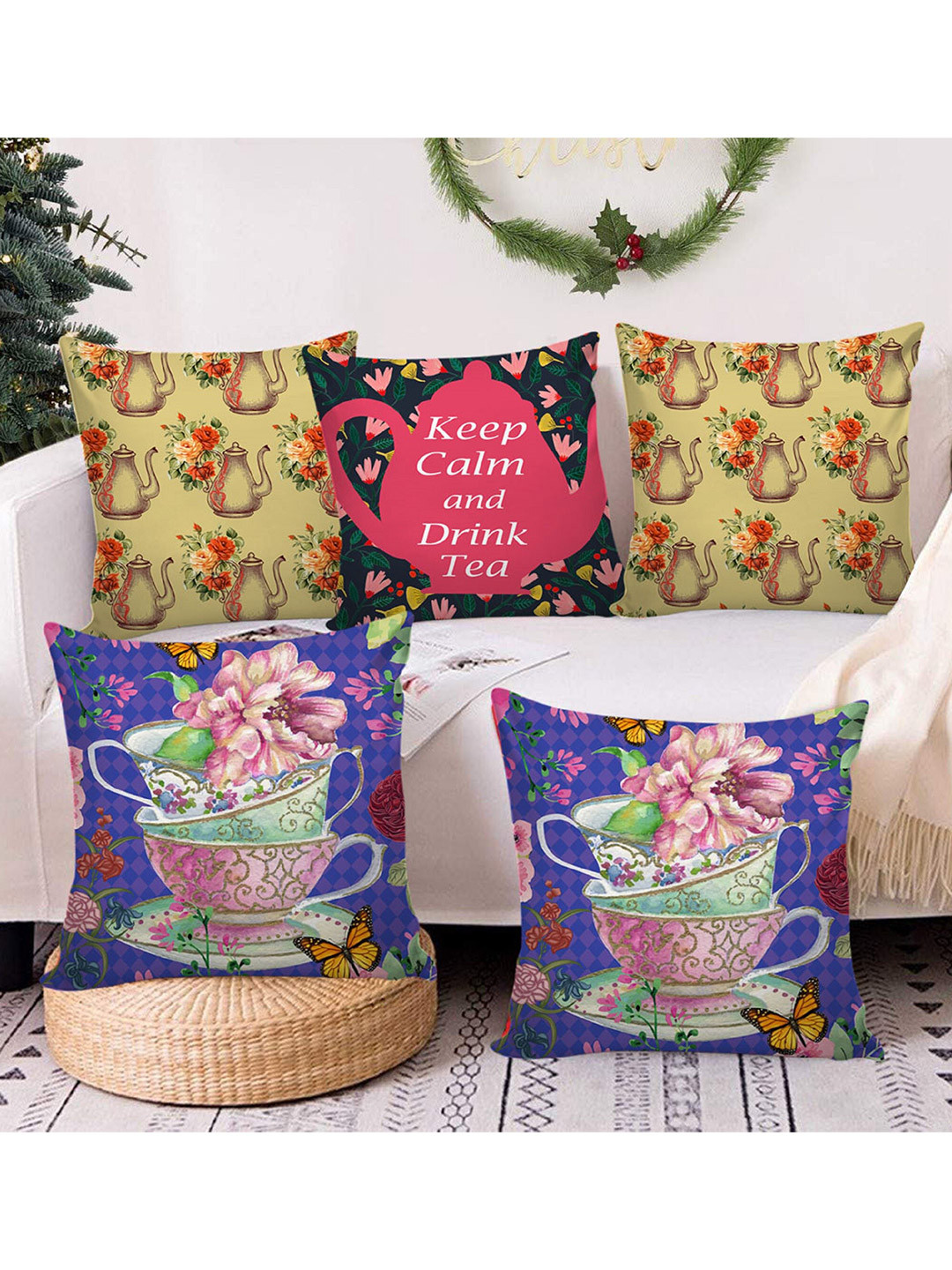 AEROHAVEN Digital Floral Polyester Anti-Wrinkle 5 Pcs Square Cushion Covers - 16 x 16 In