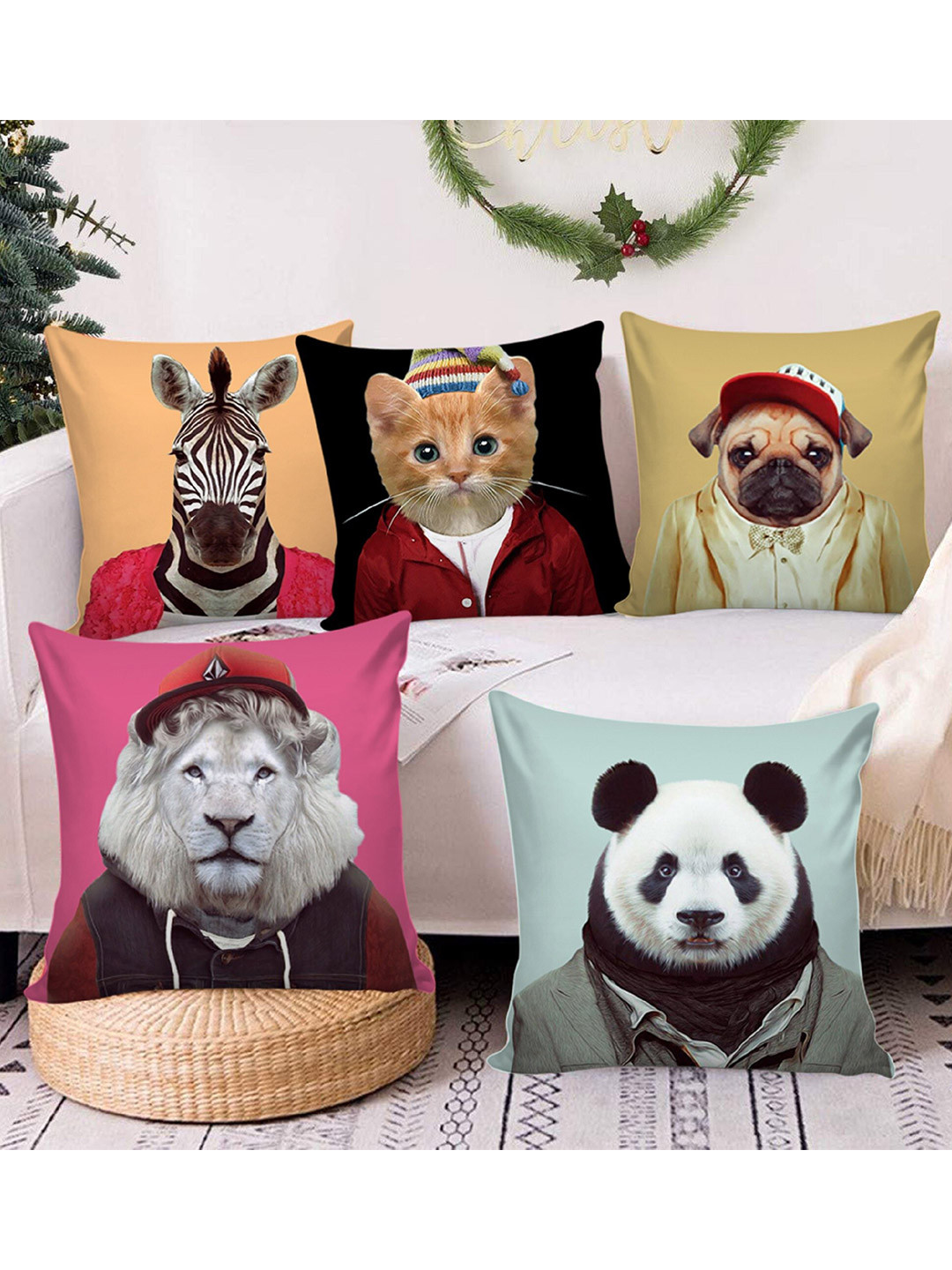 AEROHAVEN Digital Animal Polyester Anti-Wrinkle 5 Pcs Cushion Covers - 12 x 12 Inches