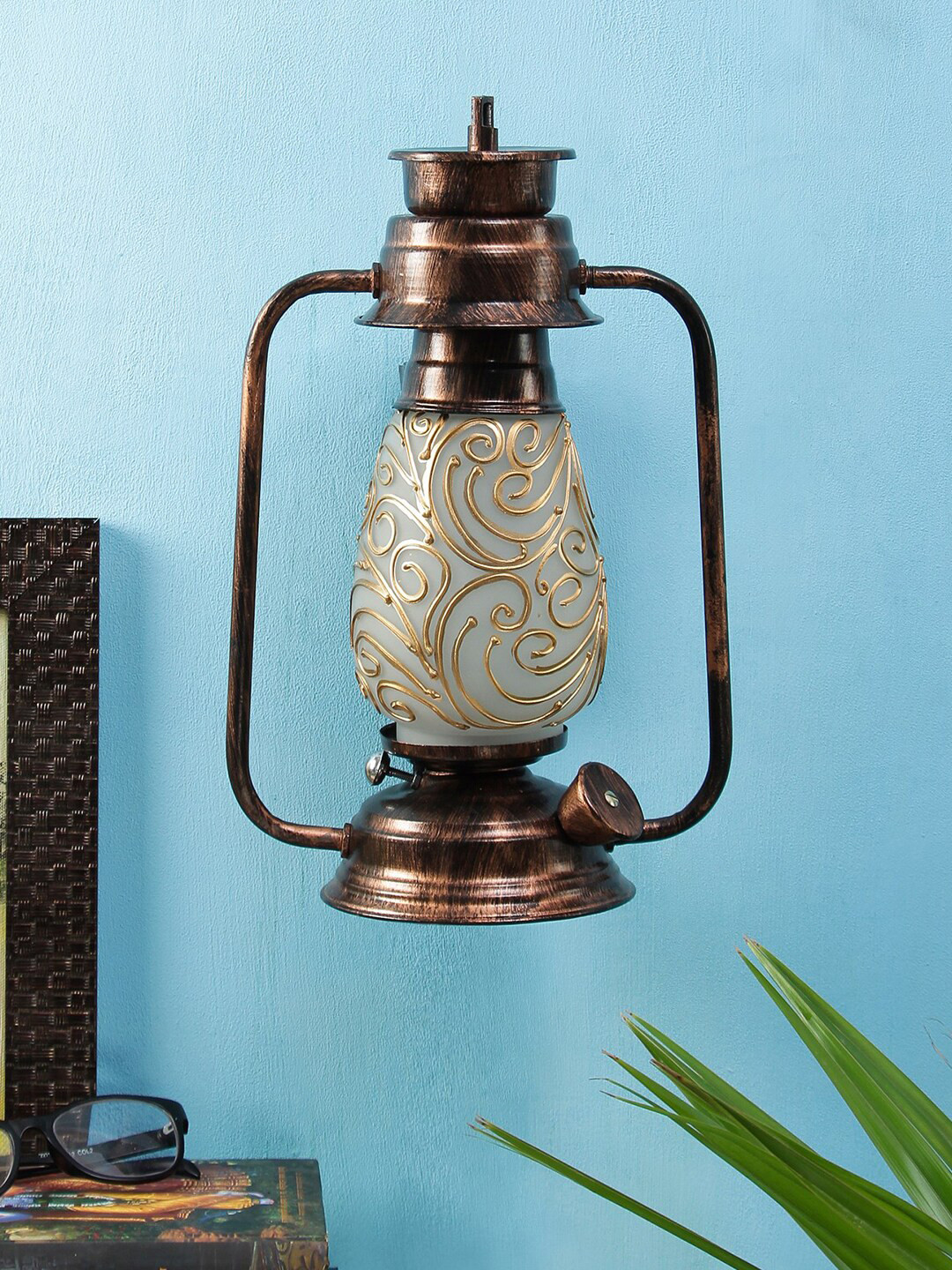 Devansh Unisex Copper & Gold Mosaic Glass Wall Mounted Lantern