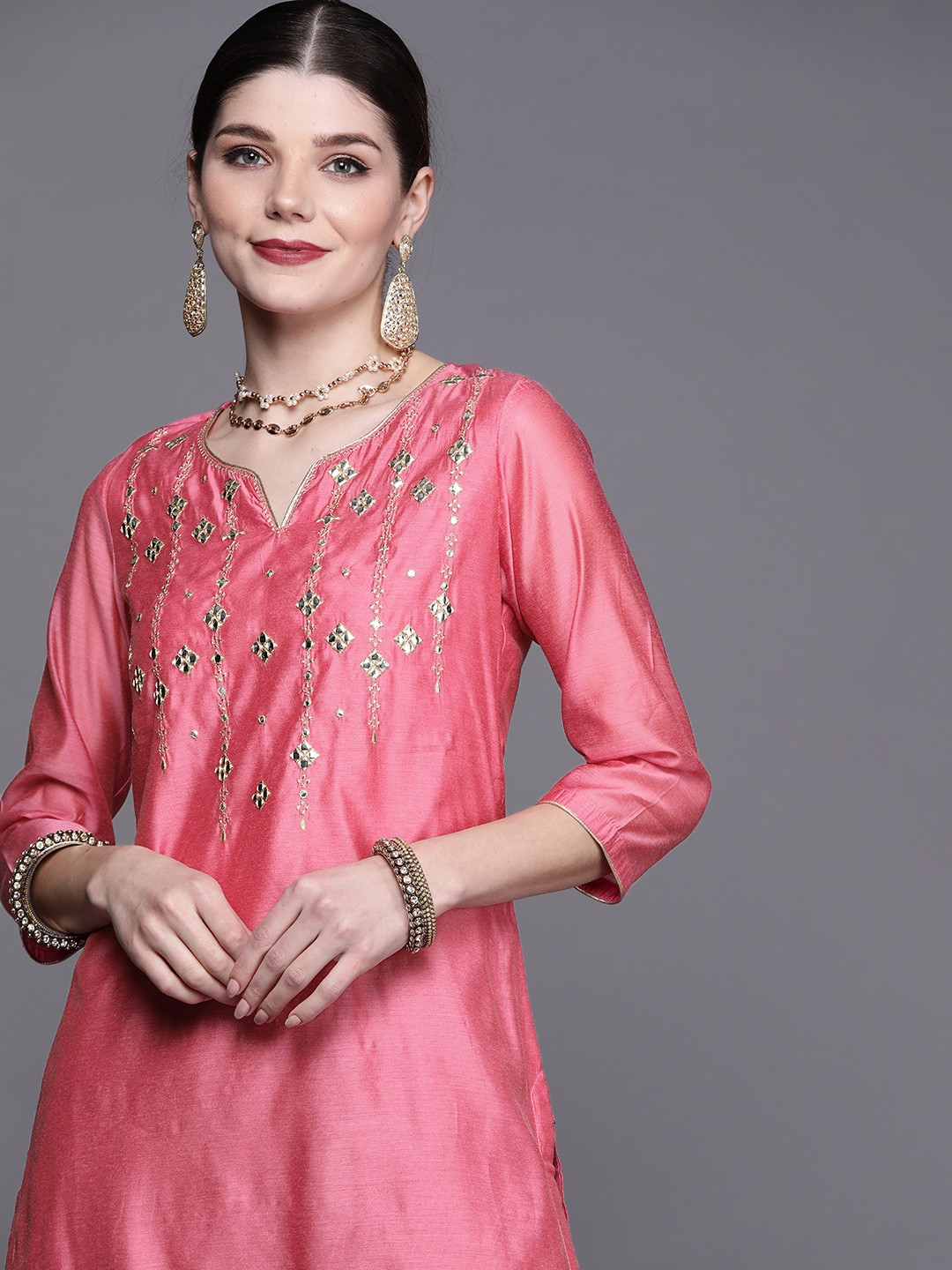 Biba Women Pink & Golden Mirror Work Yoke Design  Kurta