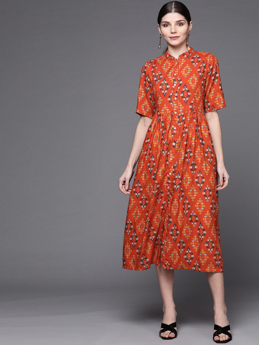 Biba Rust & Mustard Yellow Ethnic Motifs Formal Midi Dress