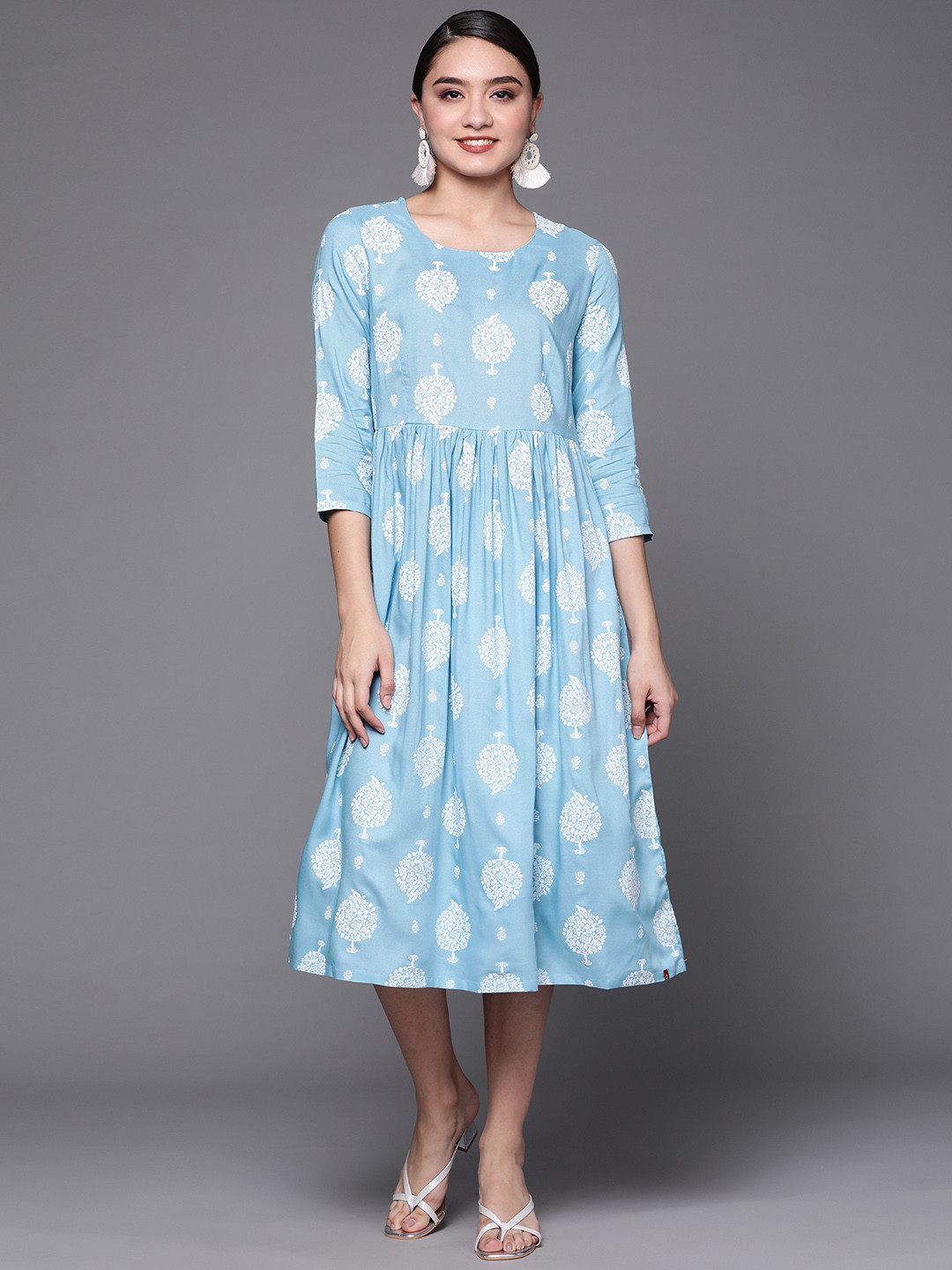 Biba Women Blue & White Ethnic Motifs Print A-Line Midi Dress