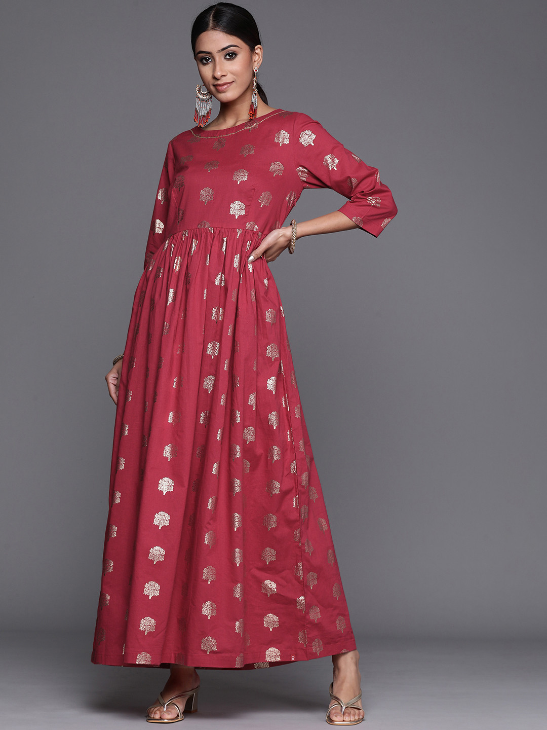 Biba Red & Golden Pure Cotton Ethnic Print Maxi Dress