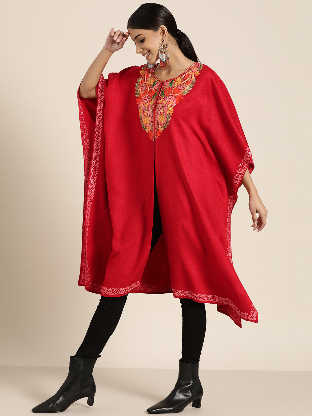 Sangria Women Red & Yellow Aari Work Yoke Design Kashmiri Embroidered High-Low Pheran