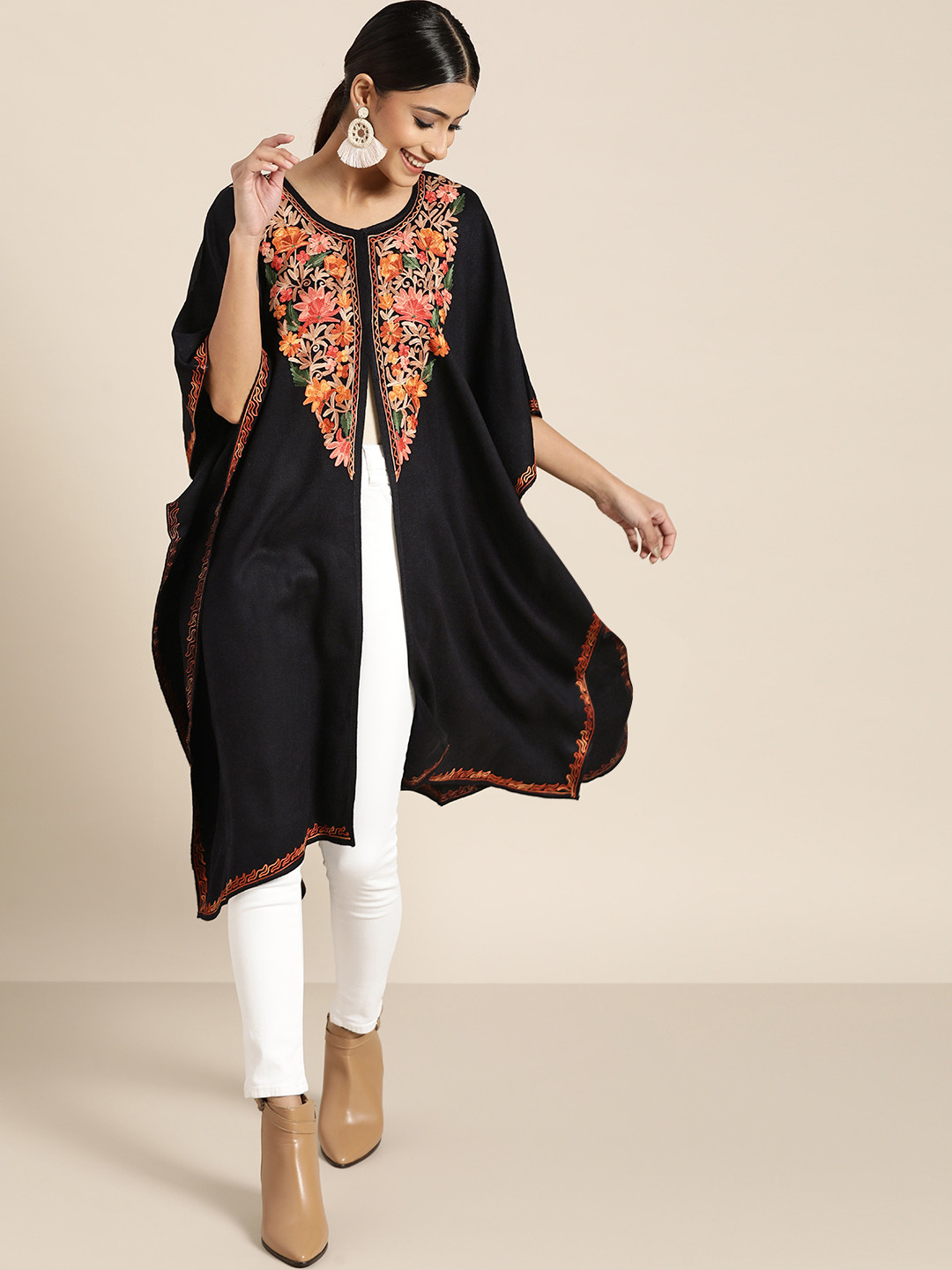 Sangria Women Black & Yellow Aari Work Yoke Design Kashmiri Embroidered High-Low Pheran