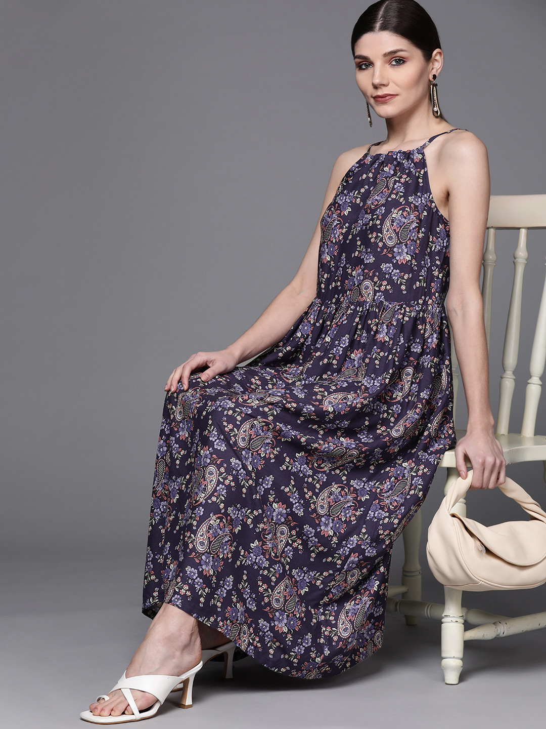 Biba Blue & Off White Floral Halter Neck Midi Dress
