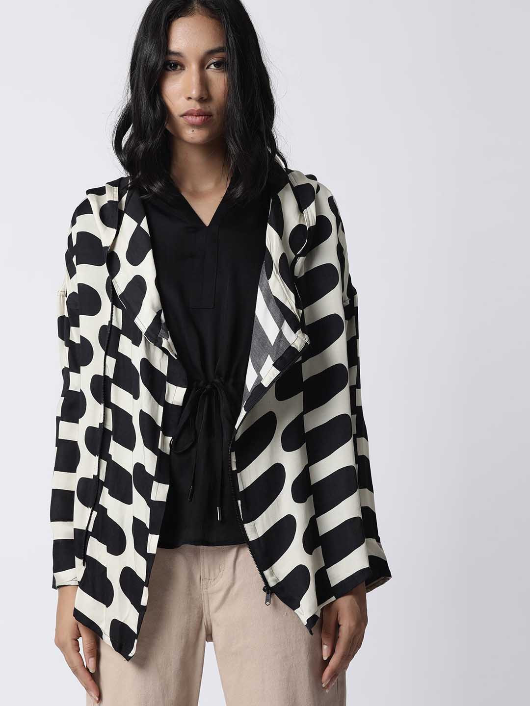 RAREISM Women Black Printed Hooded Tailored Jacket