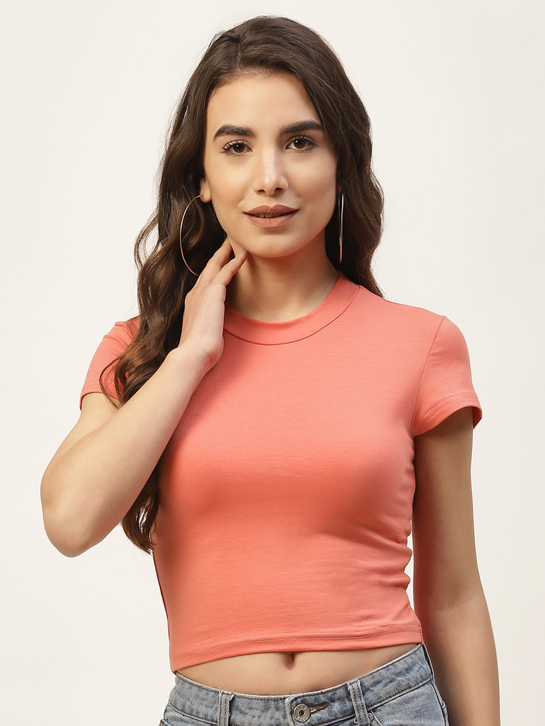 FEMEA Peach-Coloured Solid Fitted Crop Top