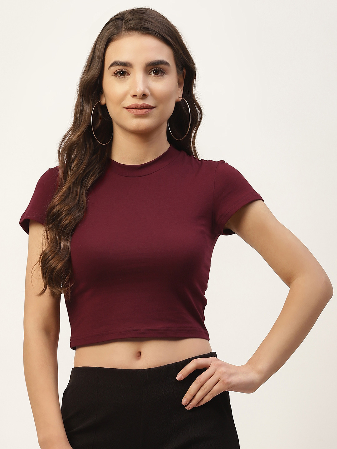 FEMEA Burgundy Solid Fitted Crop Top