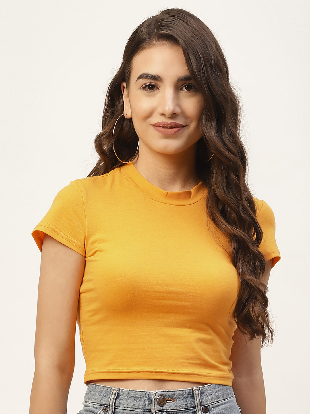 FEMEA Mustard Yellow Solid Fitted Crop Top