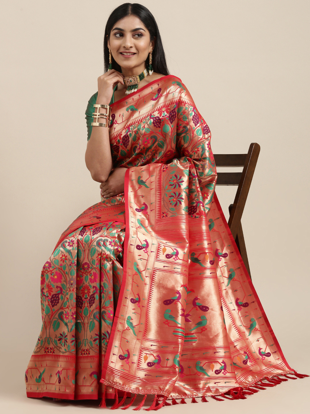 Mitera Red & Gold-Toned Floral Zari Silk Blend Paithani Saree