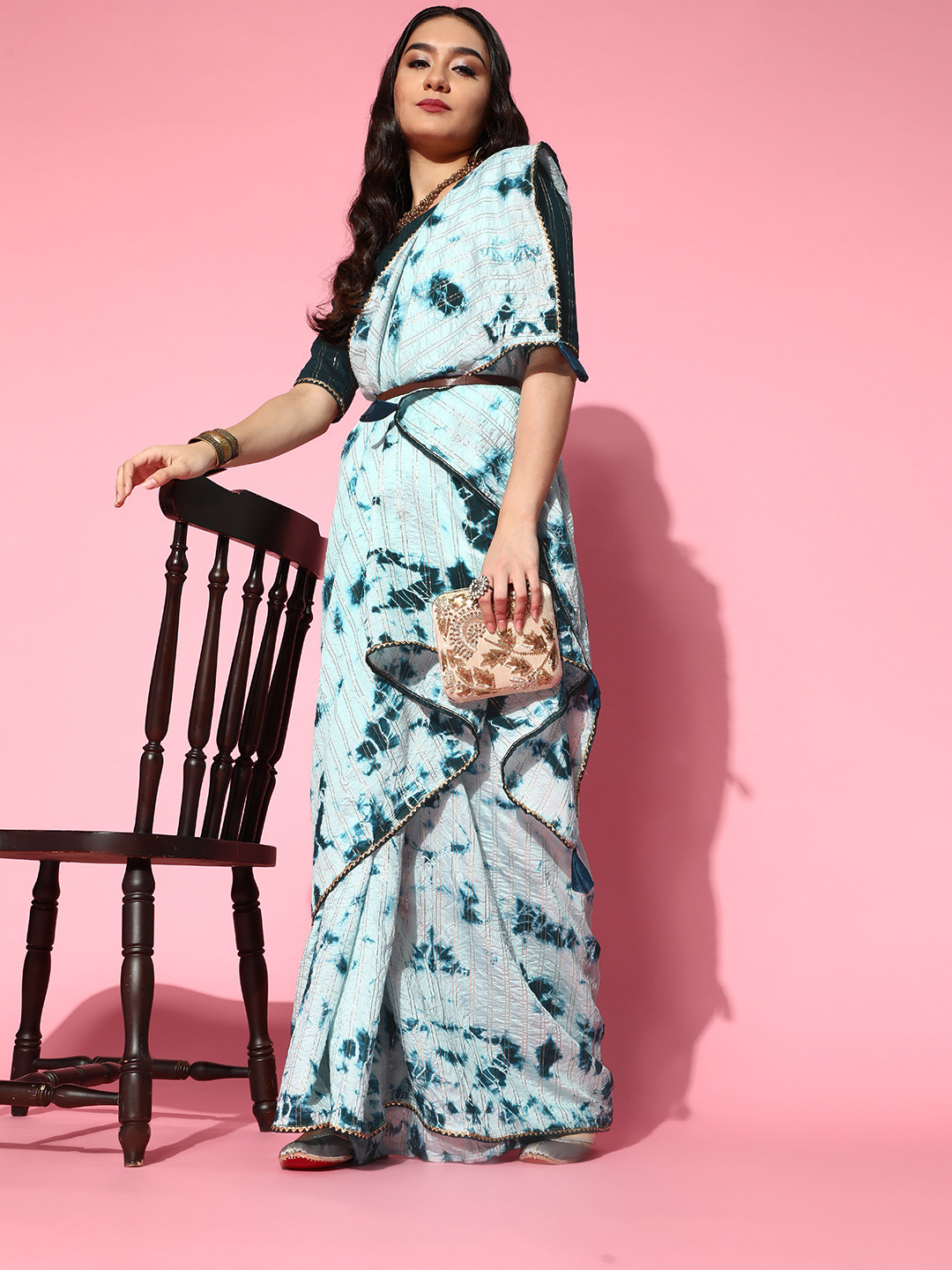 Saree mall Blue & Gold Dyed Striped & Crinkled Gotta Patti Silk Blend Sarees