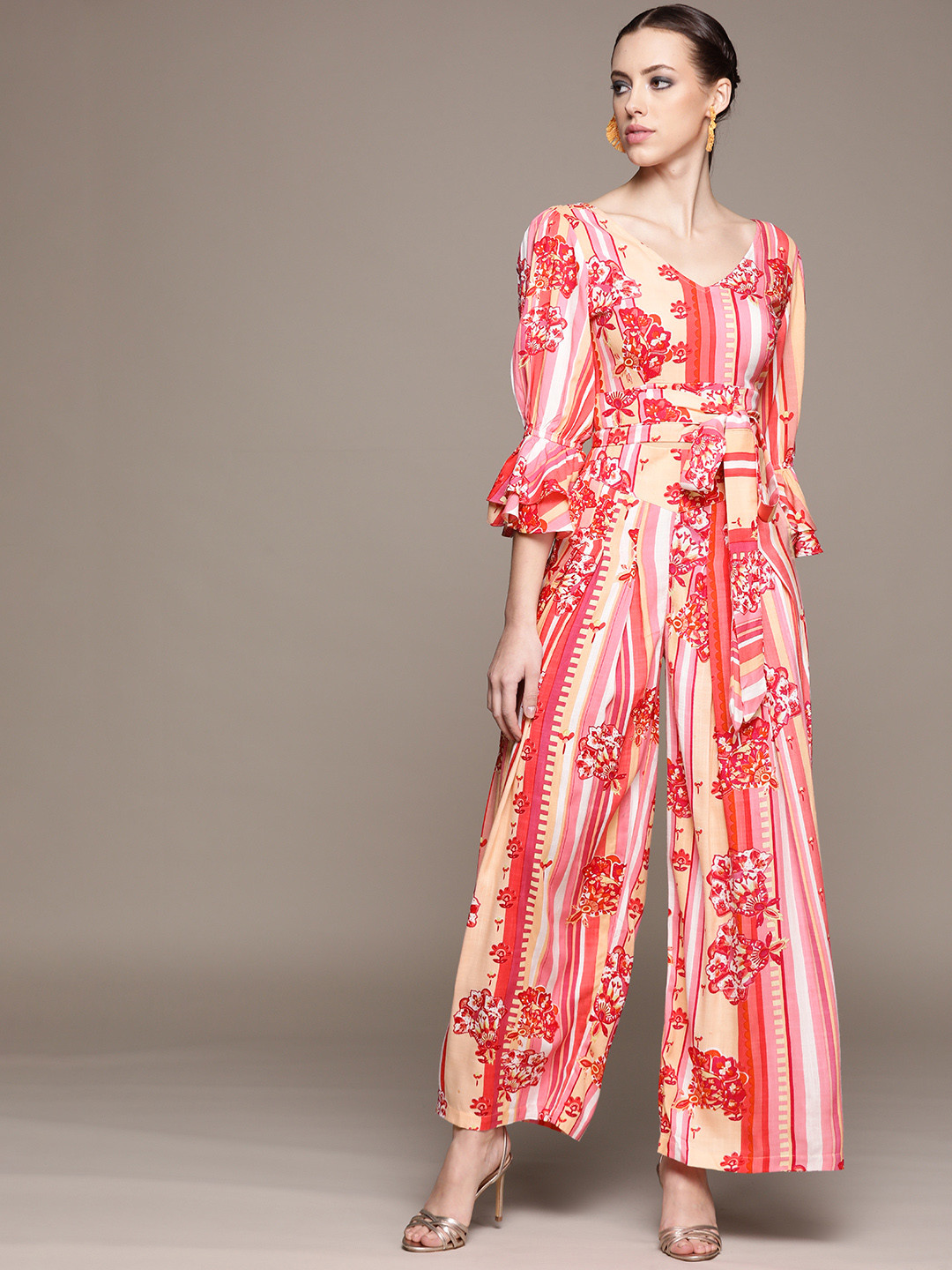 aarke Ritu Kumar Pink & Beige Striped & Floral Print Waist Tie-Ups Co-ord Set