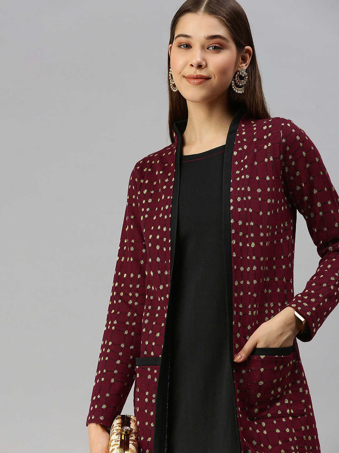 Global Desi Maroon & Gold-Toned Checked Shawl Collar Regular Sleeves Jacket Jumper Dress