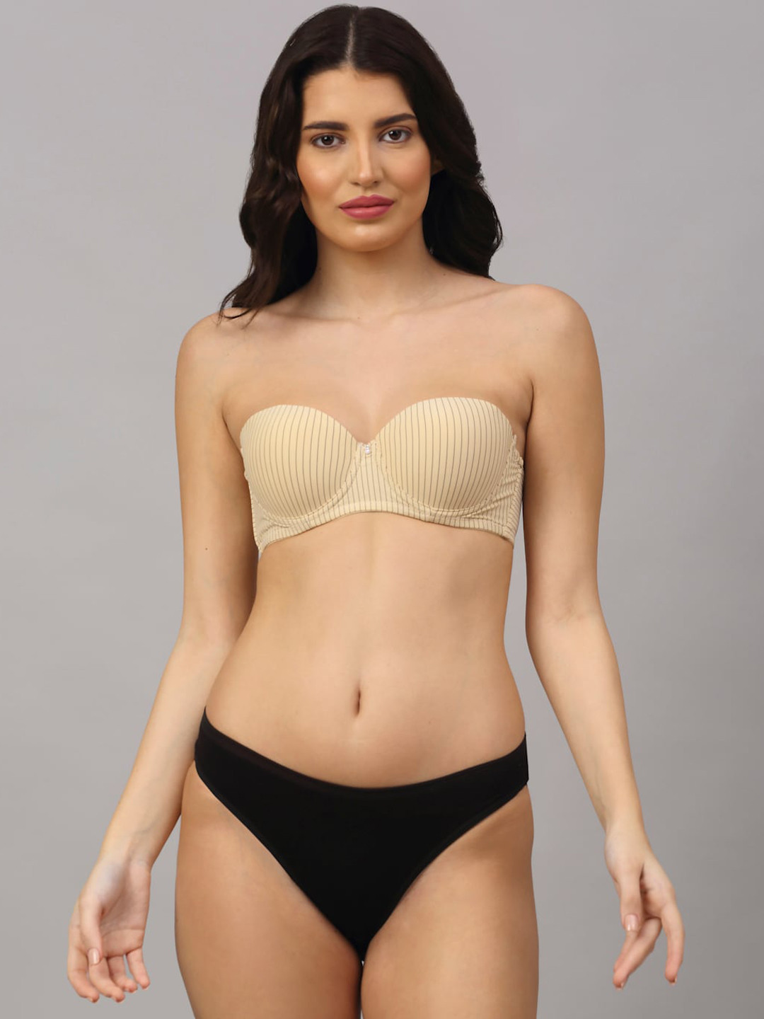 PrettyCat Beige Strapless Pushup Bra Panty Set