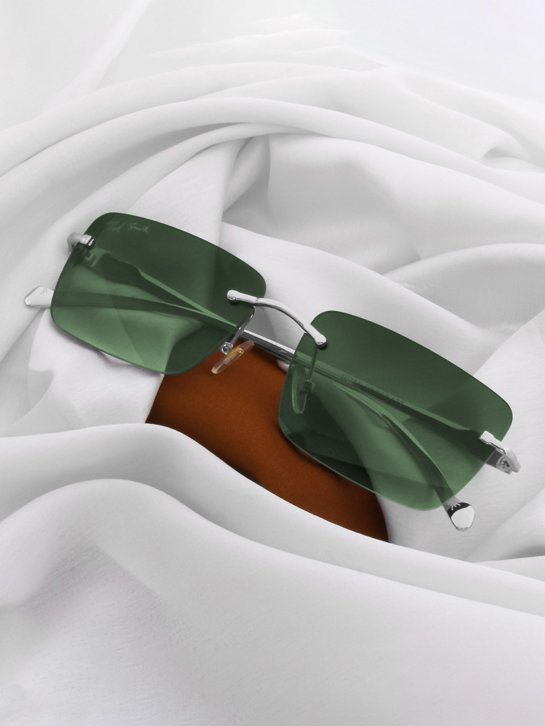 Ted Smith Unisex Silver-Green Rimless Square Sunglasses With UV Protected Lens