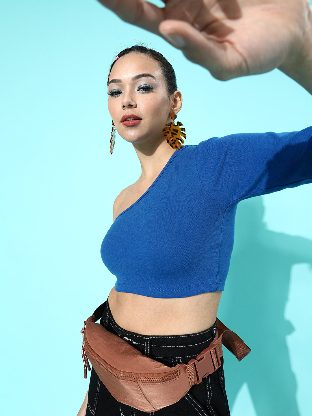 STREET 9 BASICS Women Beautiful Blue Solid One-Shoulder Top