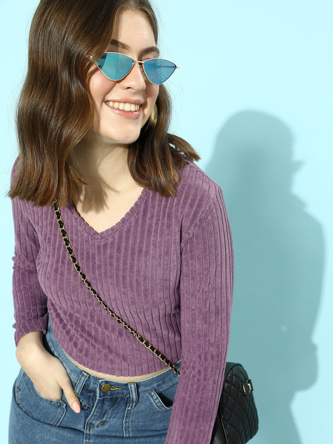 STREET 9 BASICS Women Elegant Lavender Solid Cropped Top
