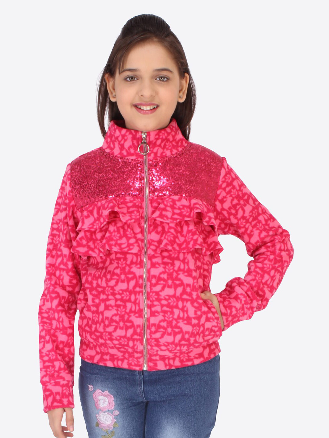CUTECUMBER Girls Pink Printed & Sequined Sweatshirt