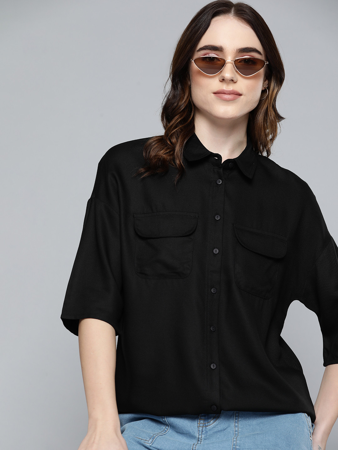 Harvard Women Black Solid Drop-Shoulder Sleeves Casual Shirt