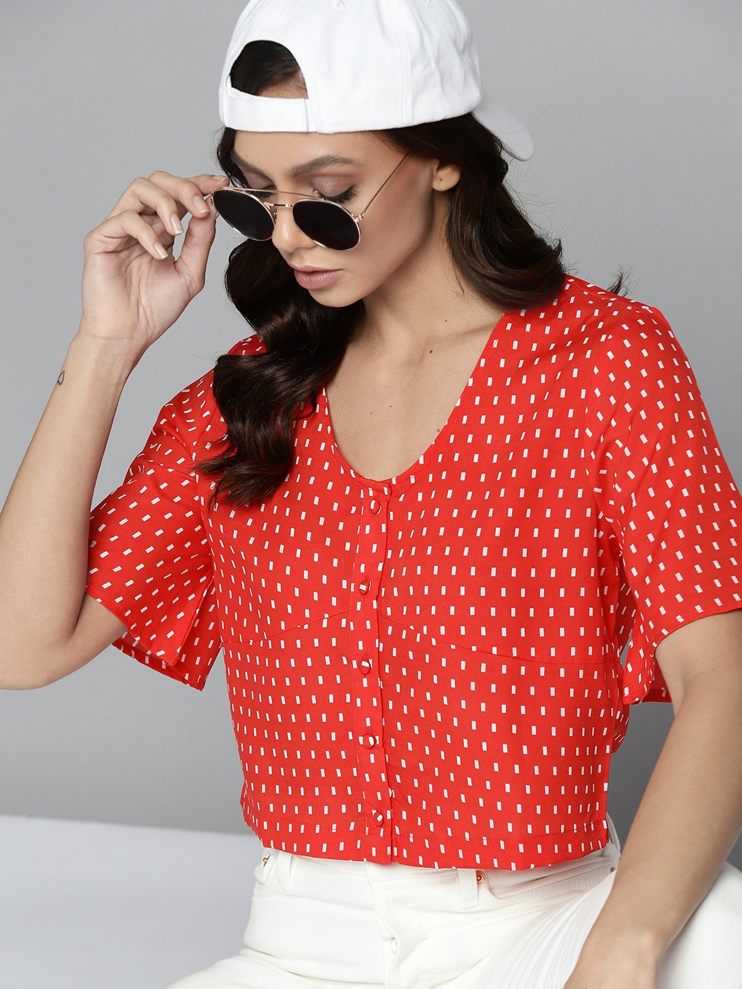 Harvard Red & White Geometric Print Crop Top