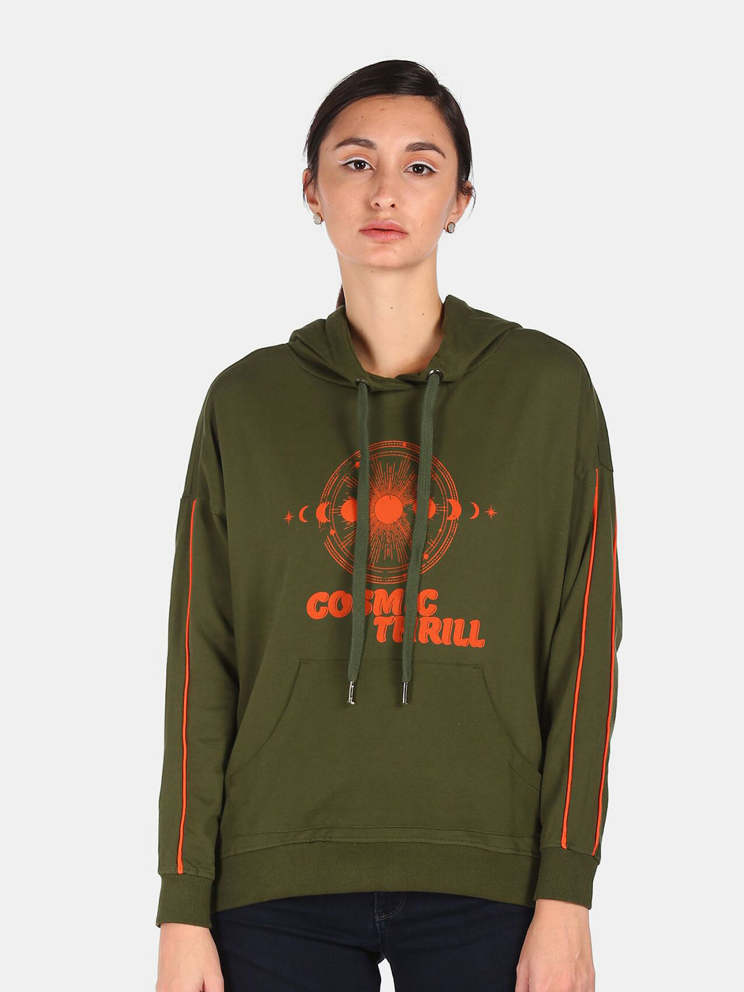 Flying Machine Woman Green Printed Hooded Sweatshirt