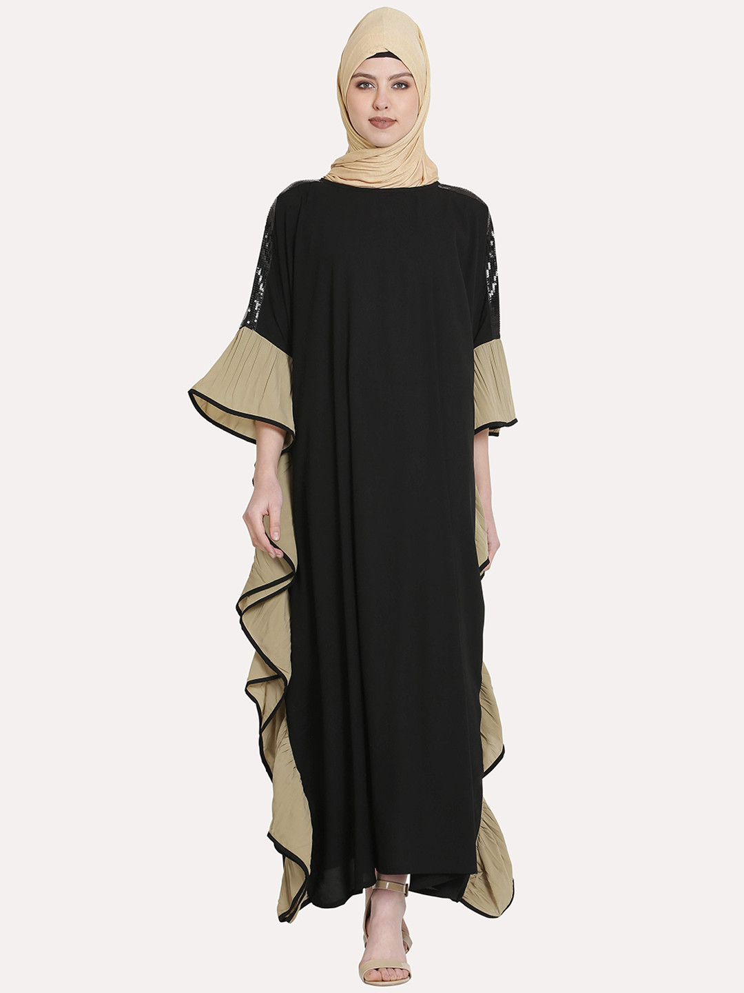 MOMIN LIBAS Woman Black & Beige Solid Abaya Burqa