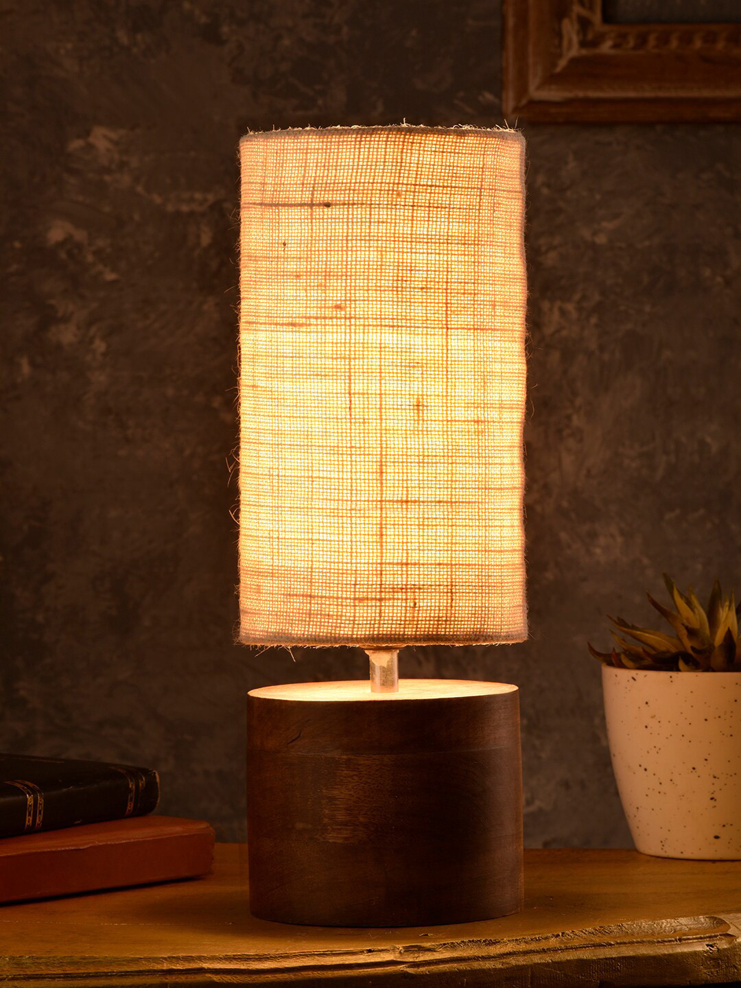 green girgit Brown Wooden Log Table Lamp with Jute Shade