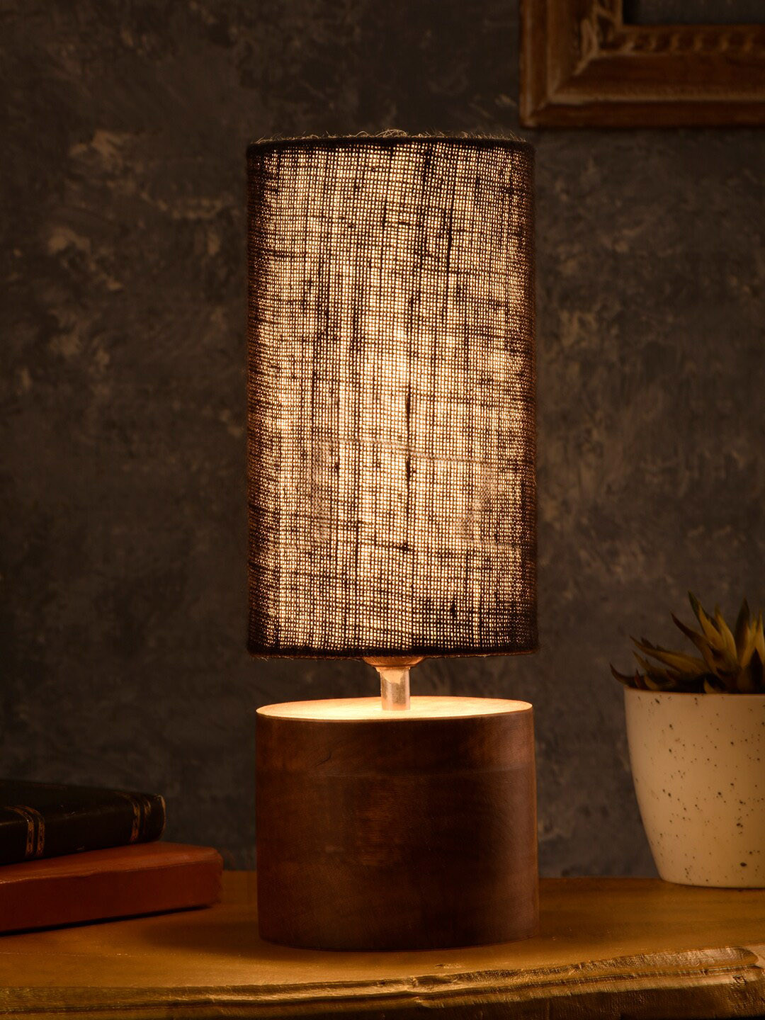 green girgit Brown & Black Wooden Log Table Lamp with Shade
