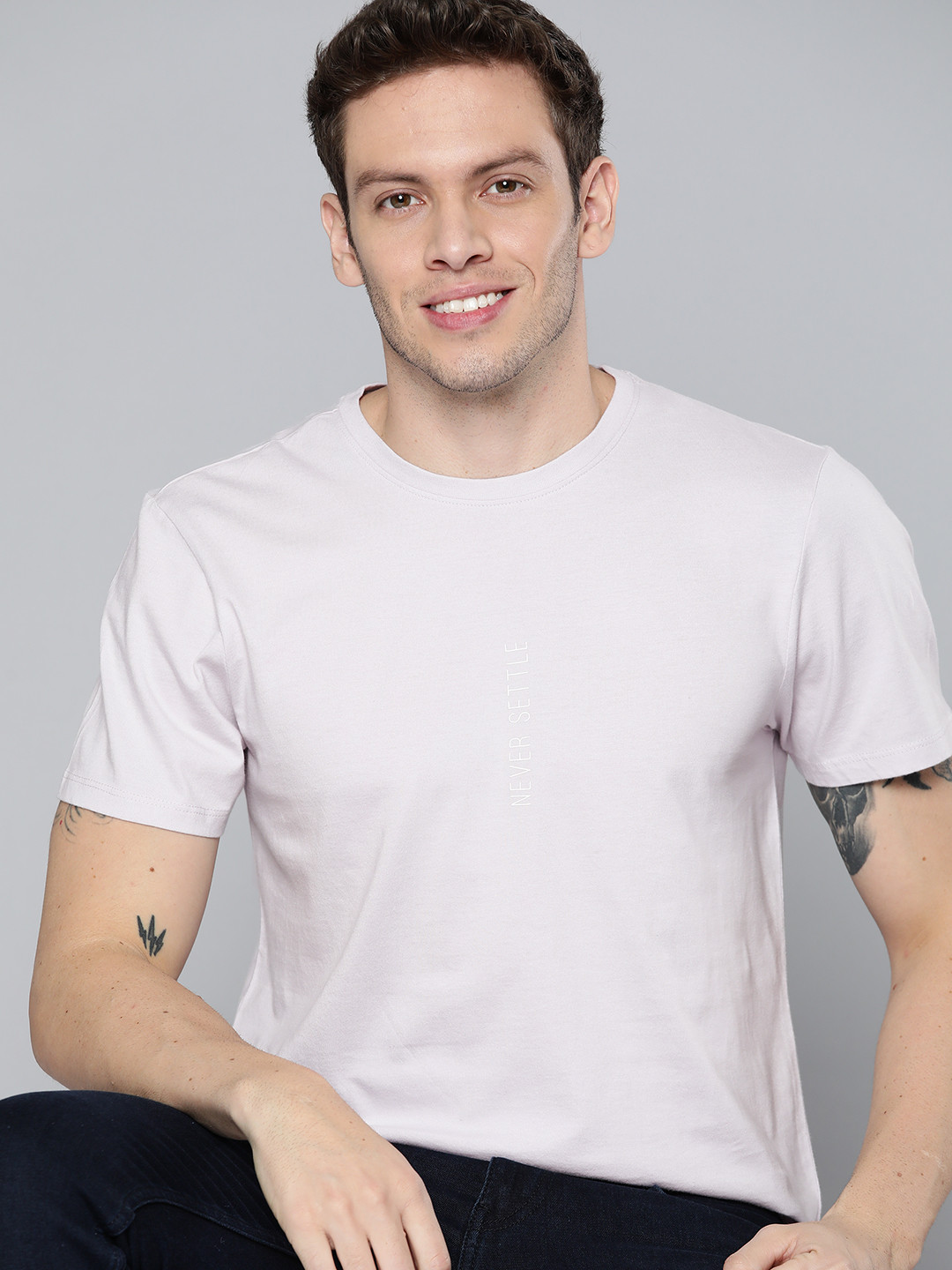 Mast & Harbour Men Lavender Typography Print Cotton T-shirt