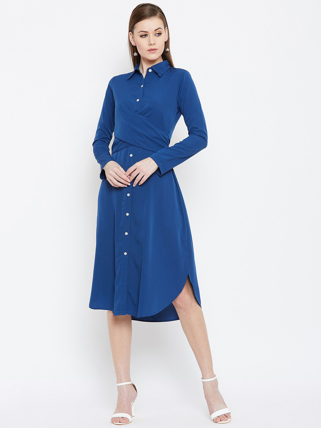 Berrylush Blue Layered Crepe Shirt Midi Dress