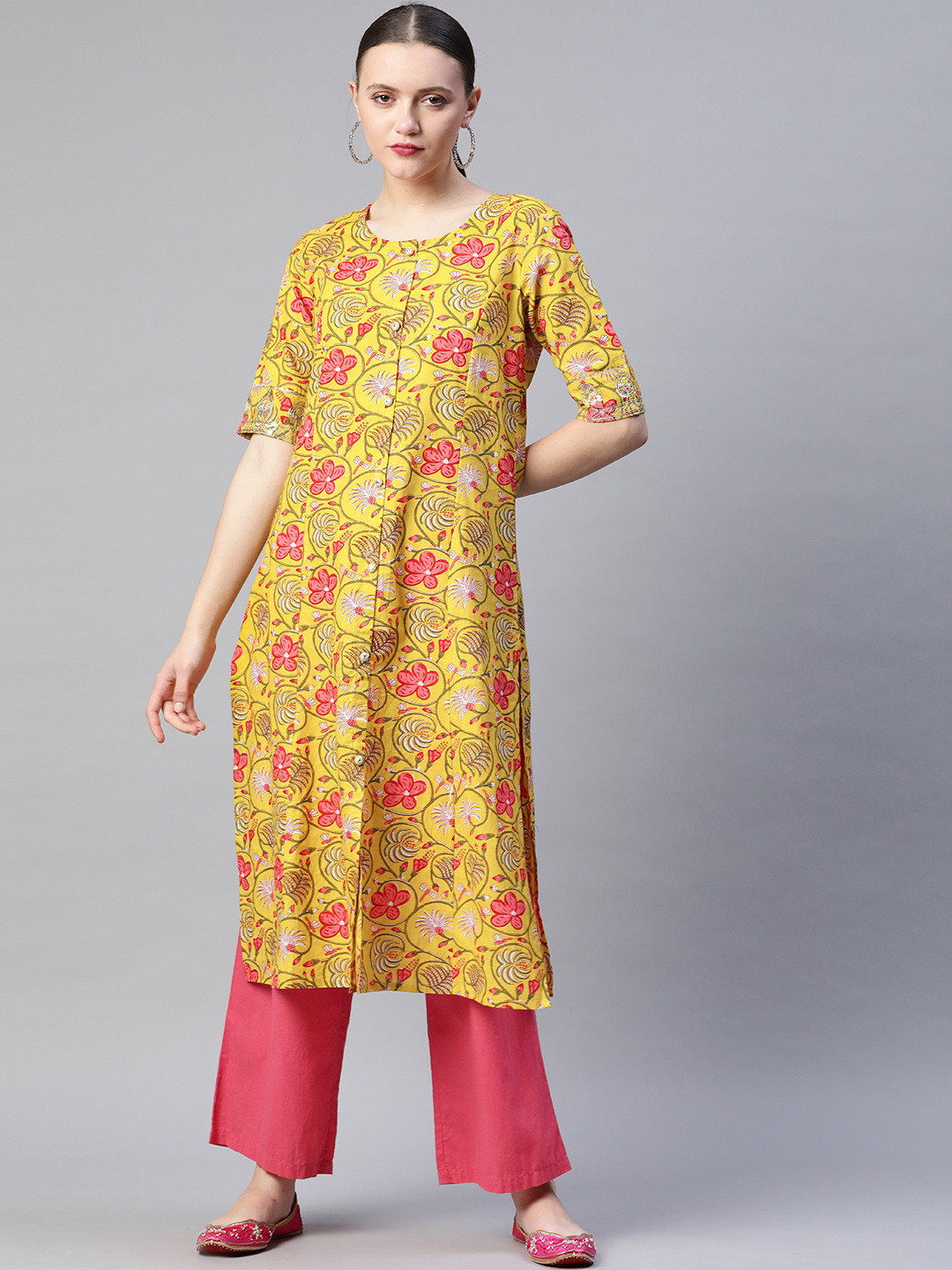 Readiprint Women Yellow & Pink Batik Floral Print Cotton Straight Kurta