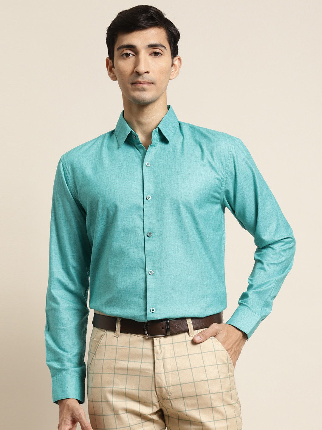 SOJANYA Men Turquoise Blue Cotton Linen Classic Fit Solid Formal Shirt