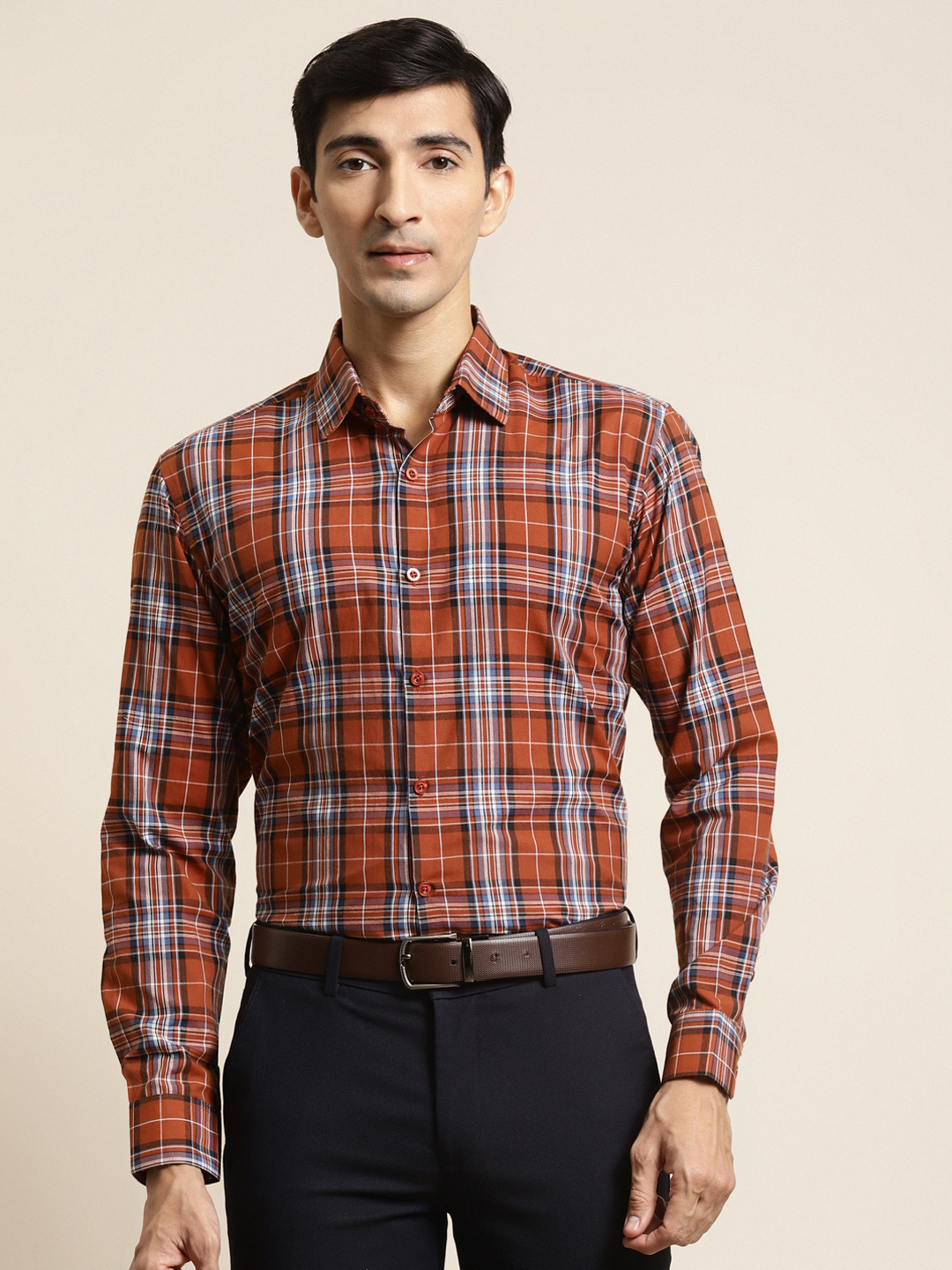 SOJANYA Men Rust Brown & Blue Cotton Classic Fit Checked Formal Shirt