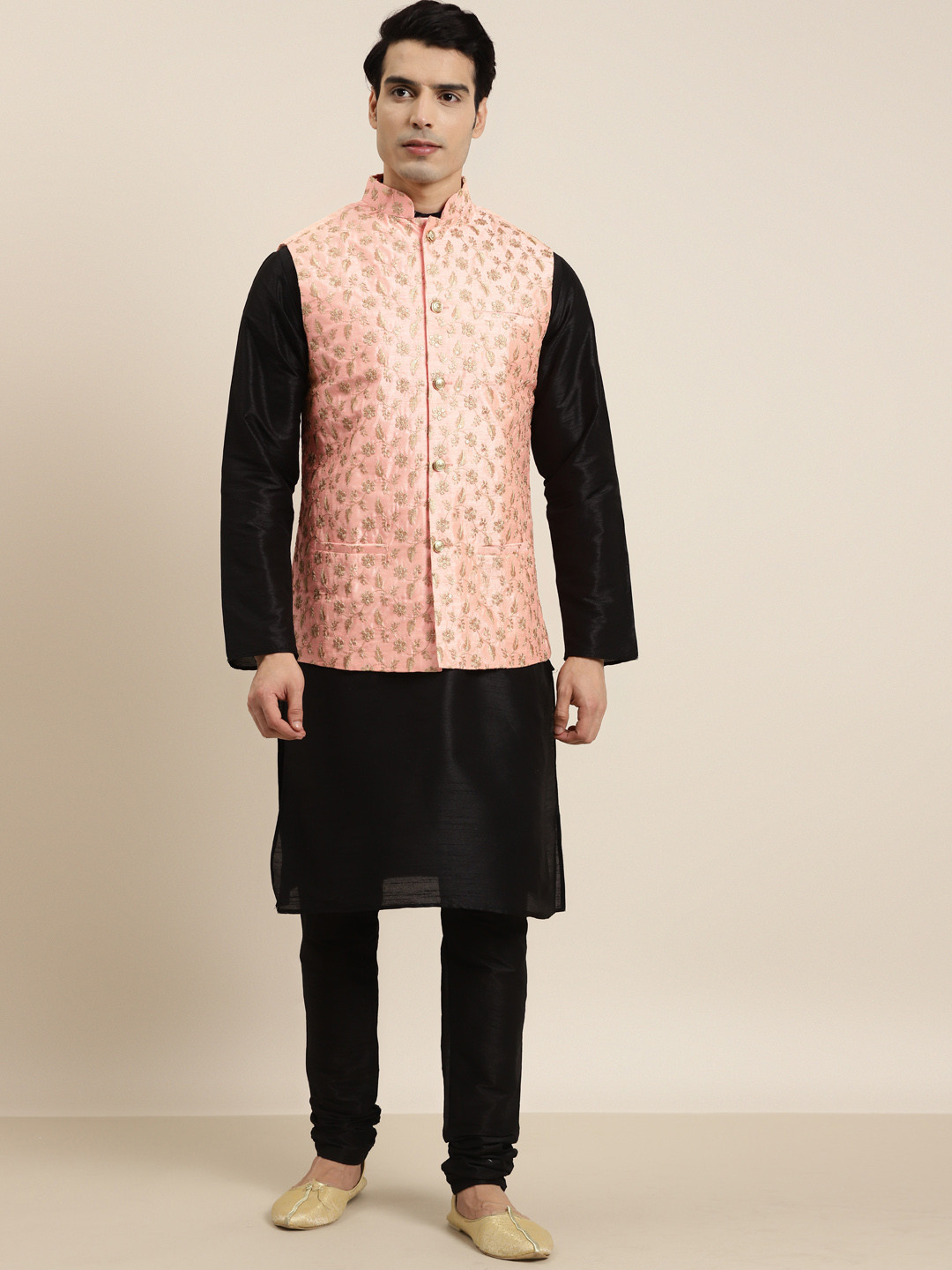 SOJANYA Men Black & Pink Kurta with Churidar & Embroidered Nehru Jacket