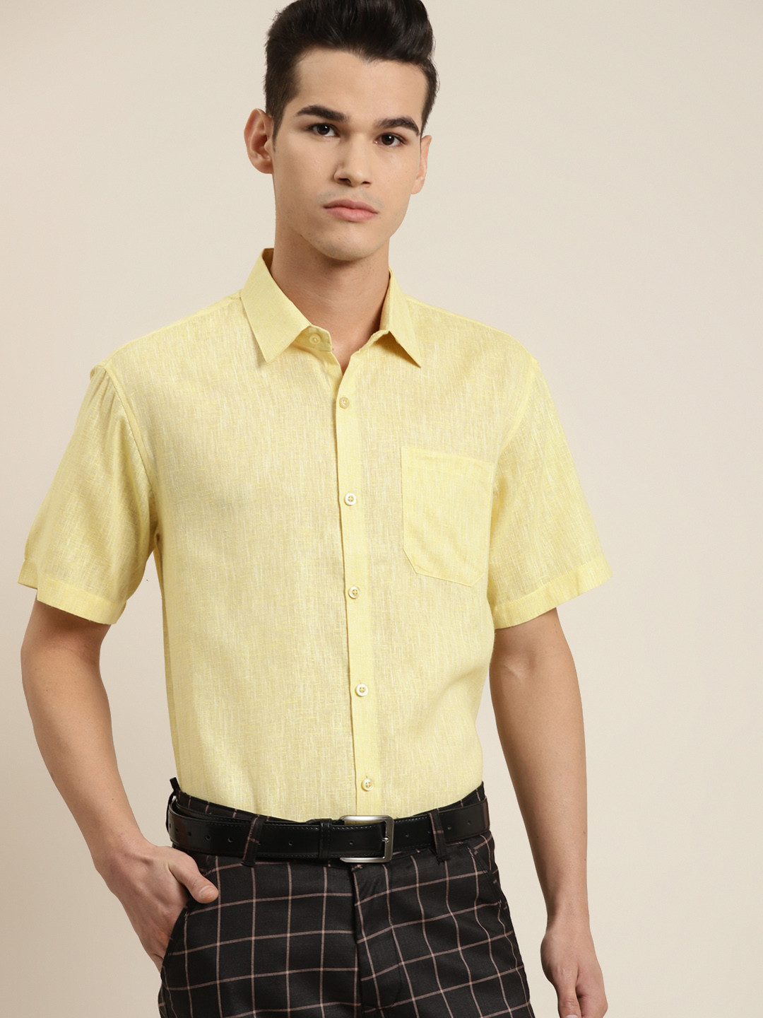 SOJANYA Men Yellow Cotton Linen Solid Classic Fit Smart Casual Shirt