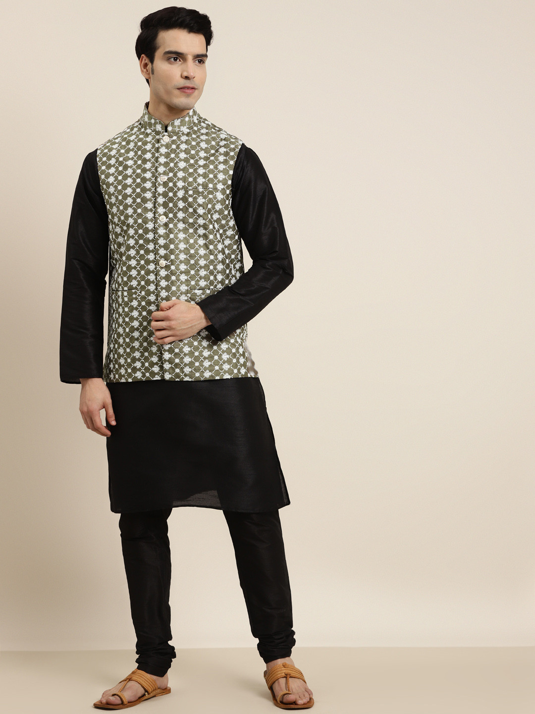 SOJANYA Men Black & Olive Green Kurta with Churidar & Embroidered Nehru Jacket