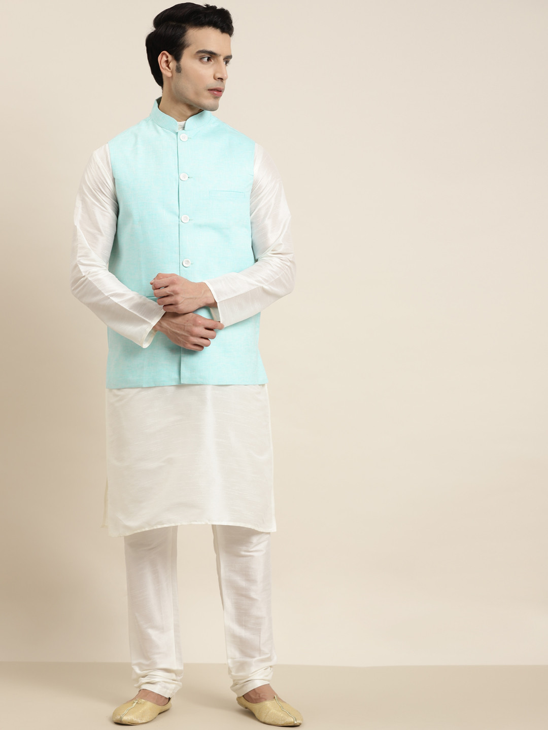 SOJANYA Men Off-White & Blue Solid Kurta with Pyjamas & Nehru Jacket