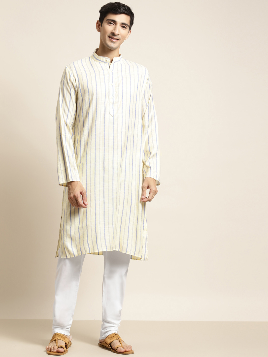 SOJANYA Men Yellow & White Striped Kurta with Churidar