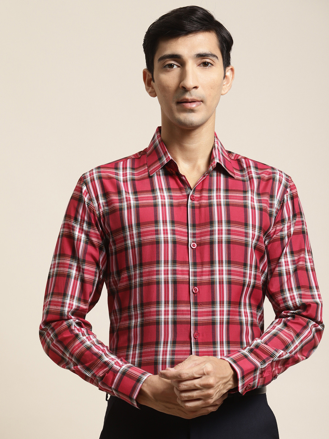SOJANYA Men Coral Red & Off-White Cotton Classic Fit Checked Formal Shirt